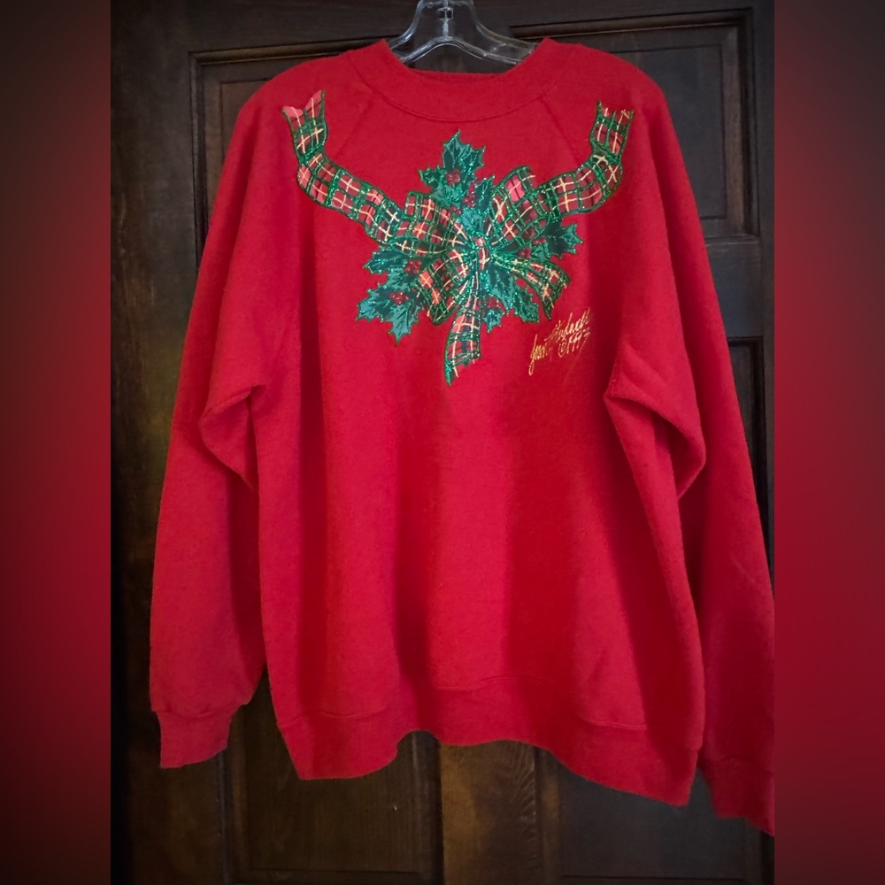 Vintage Joan Studwell Hand Painted Red Holiday Plaid Holly Sweatshirt